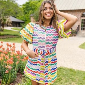 Queen of Sparkle- CROCHET POOF SLEEVE TIE DRESS 
NWOT- Size Medium